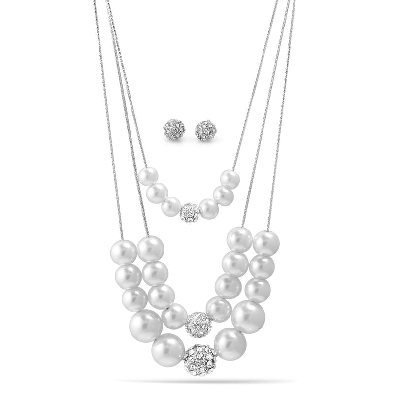 SILVER AND WHITE PEARL CRYSTAL NECKLACE AND EARRINGS SET