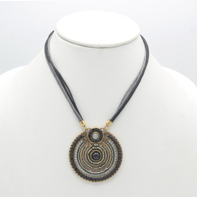 GOLD OXIDIZE ROUND DISK  BEAD PENDANT ROPE CHAIN ADJUSTABLE NECKLACE