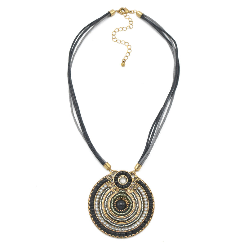 GOLD OXIDIZE ROUND DISK  BEAD PENDANT ROPE CHAIN ADJUSTABLE NECKLACE