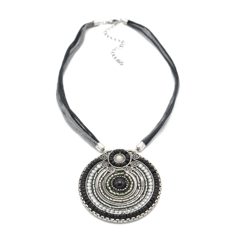 SILVER OXIDIZE ROUND DISK  BEAD PENDANT ROPE CHAIN ADJUSTABLE NECKLACE