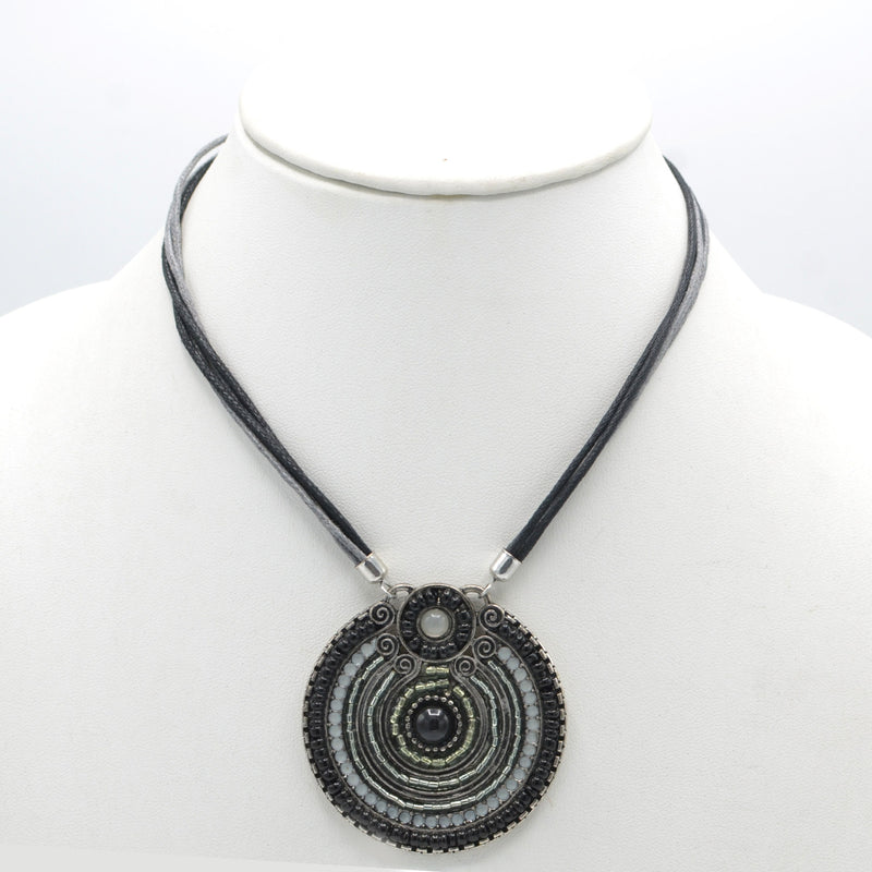 SILVER OXIDIZE ROUND DISK  BEAD PENDANT ROPE CHAIN ADJUSTABLE NECKLACE