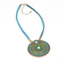 Gold Round Turquoise Pendant with Turquoise Rope Chain Necklace
