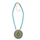 Gold Round Turquoise Pendant with Turquoise Rope Chain Necklace