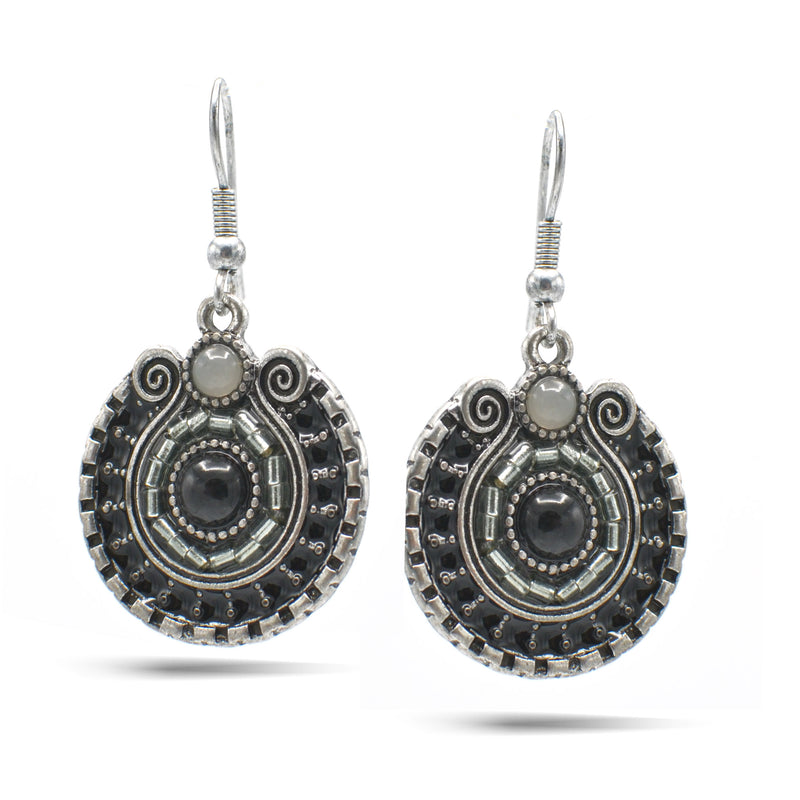 SILVER OXIDIZE ROUND DISK WITH  BEAD EARRINGS