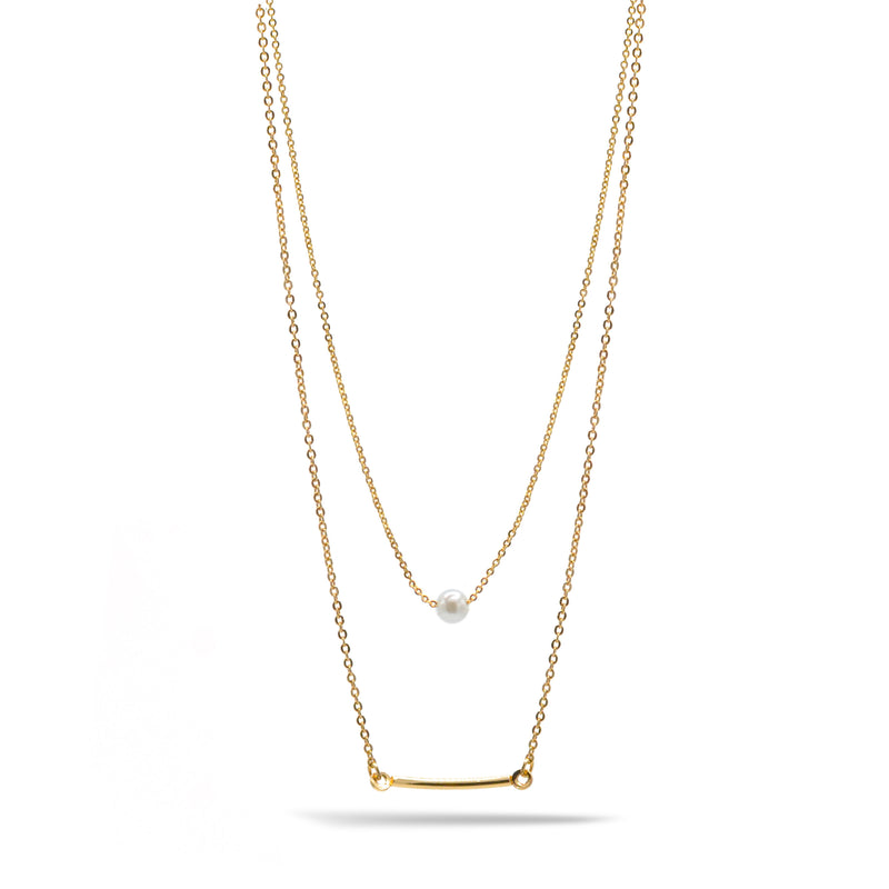 GOLD BAR AND PEARL2 ROW LAYER NECKLACE