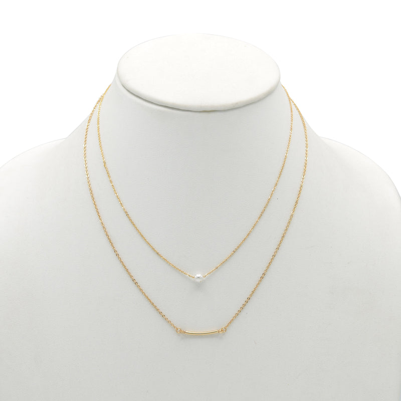 GOLD BAR AND PEARL2 ROW LAYER NECKLACE