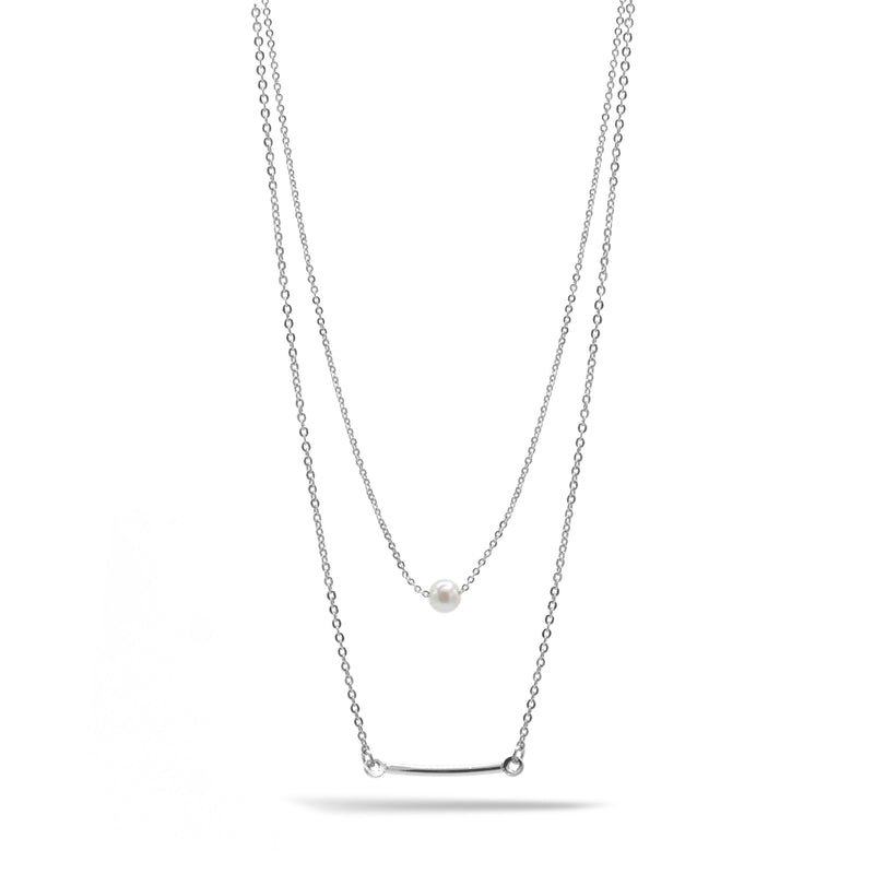 RHODIUM BAR AND PEARL2 ROW LAYER NECKLACE