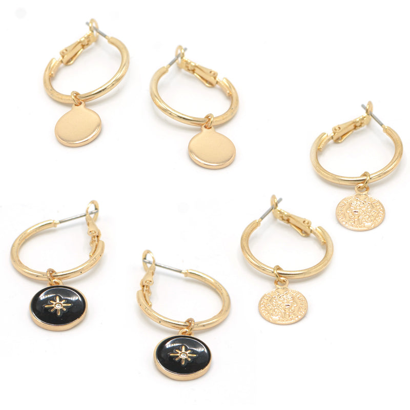 GOLD AND BLACK 3 PAIR EARRINGS SET