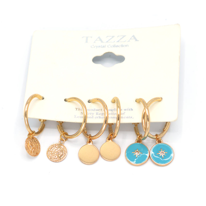 GOLD AND TURQUOISE 3 PAIR EARRINGS SET SQGN112910GT (SF7)
