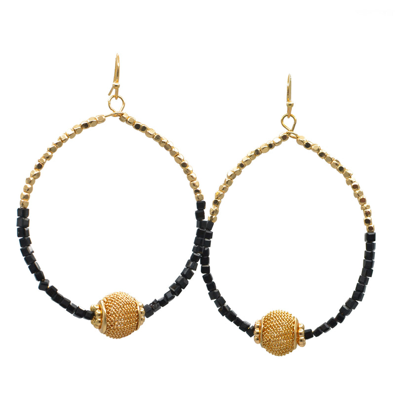 GOLD BALL AND BLACK BEADS DROP EARRINGS