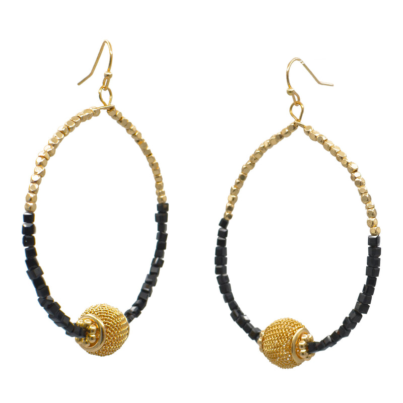 GOLD BALL AND BLACK BEADS DROP EARRINGS