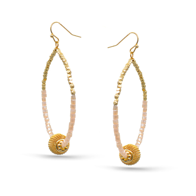 GOLD BALL AND CREAM BEADS DROP EARRINGS