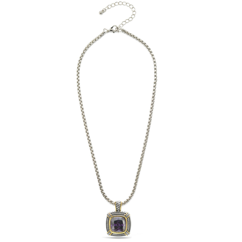 TWO TONE AMETHYST CRYSTAL SQUARE PENDANT BOX CHAIN NECKLACE