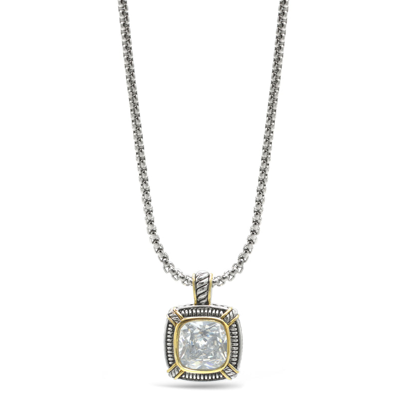 TWO TONE CLEAR CRYSTAL SQUARE PENDANT BOX CHAIN NECKLACE