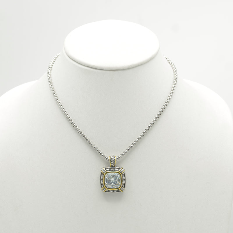 TWO TONE CLEAR CRYSTAL SQUARE PENDANT BOX CHAIN NECKLACE