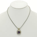 TWO TONE SQUARE AMETHYST CRYSTAL AND RHINESTONES ENGRAVED PENDANT BOX CHAIN NECKLACE