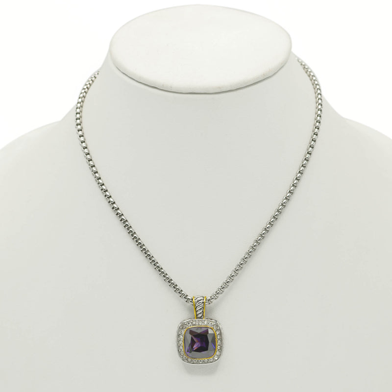 TWO TONE SQUARE AMETHYST CRYSTAL AND RHINESTONES ENGRAVED PENDANT BOX CHAIN NECKLACE
