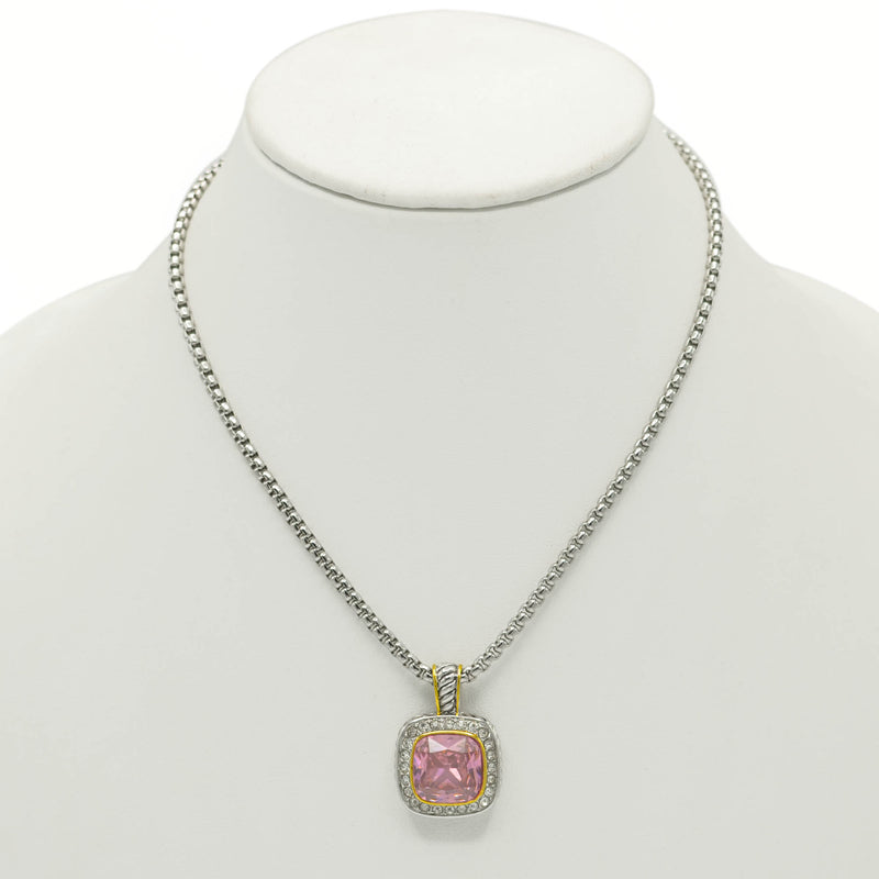 TWO TONE SQUARE ROSE CRYSTAL AND RHINESTONES ENGRAVED PENDANT BOX CHAIN NECKLACE