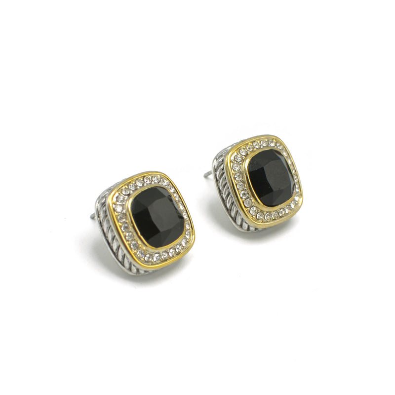 TWO TONE SQUARE JET CRYSTAL AND RHINESTONES ENGRAVED EARRINGS