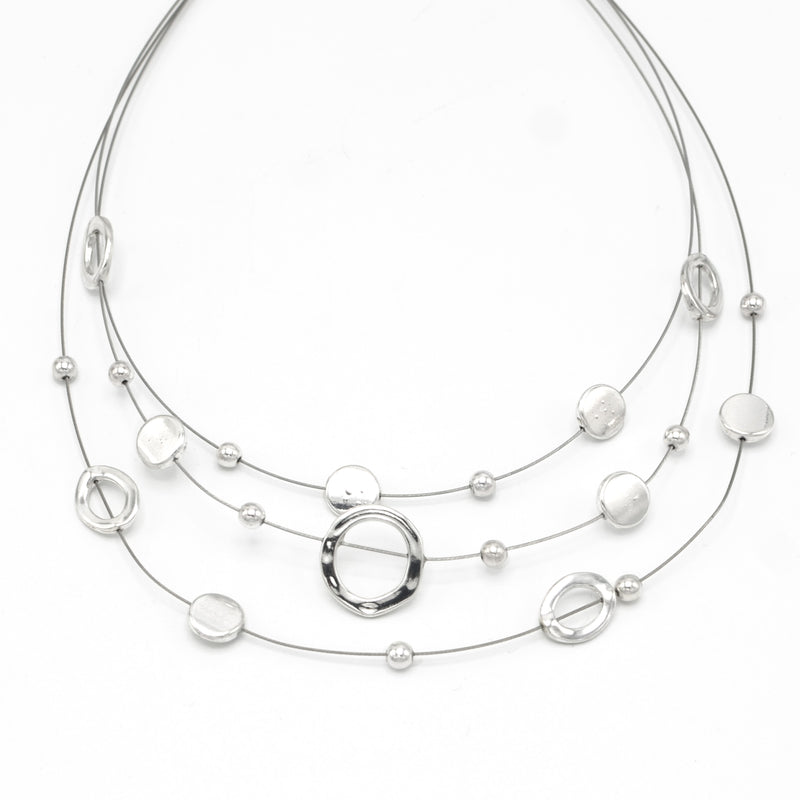 SILVER OPEN ROUND BEADS LAYER NECKLACE & EARRINGS SET