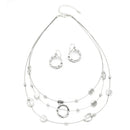 SILVER OPEN ROUND BEADS LAYER NECKLACE & EARRINGS SET
