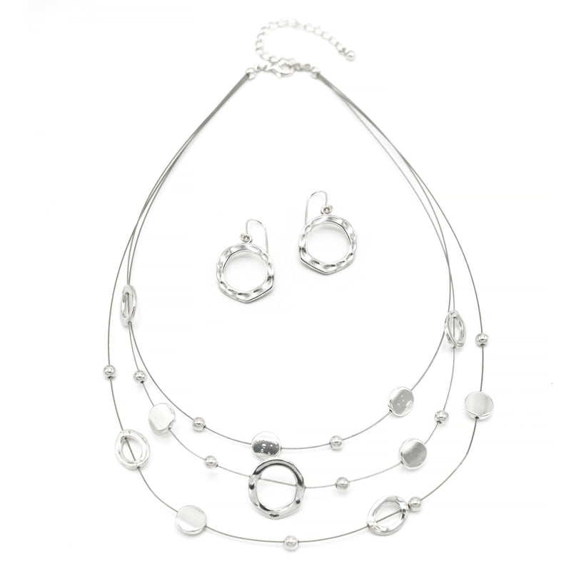 SILVER OPEN ROUND BEADS LAYER NECKLACE & EARRINGS SET