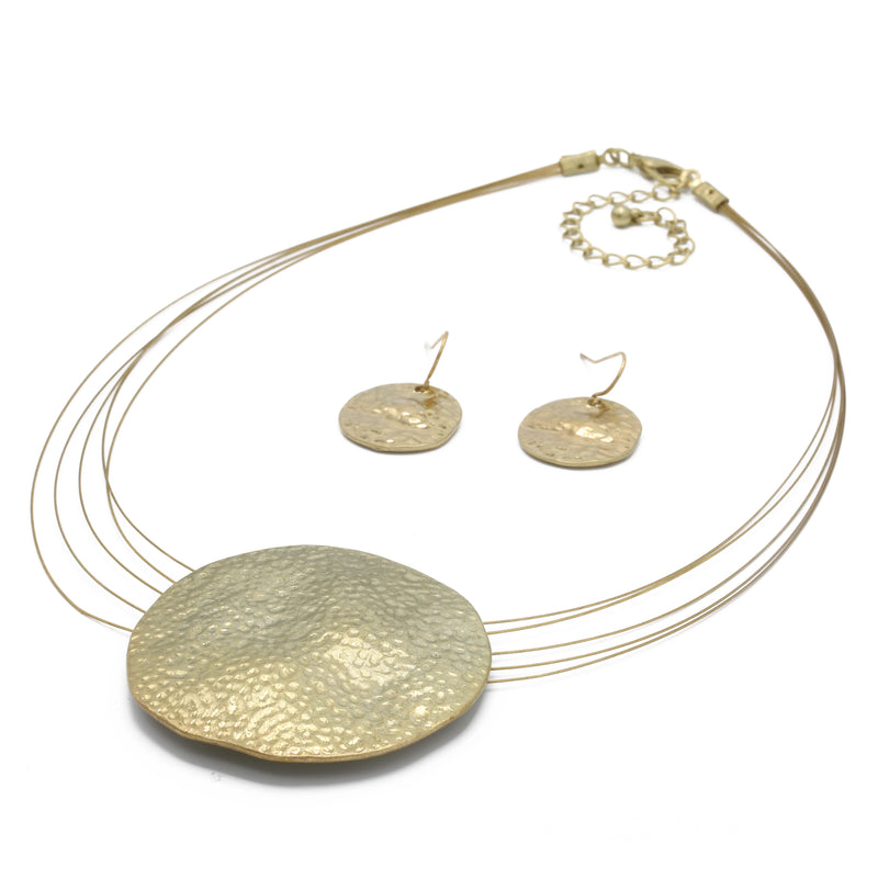 Gold Hammered Pendant Necklace And Earrings Set