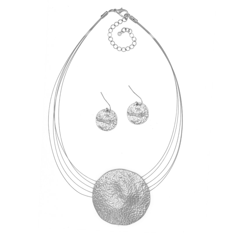 Silver Hammered Pendant Necklace And Earrings Set