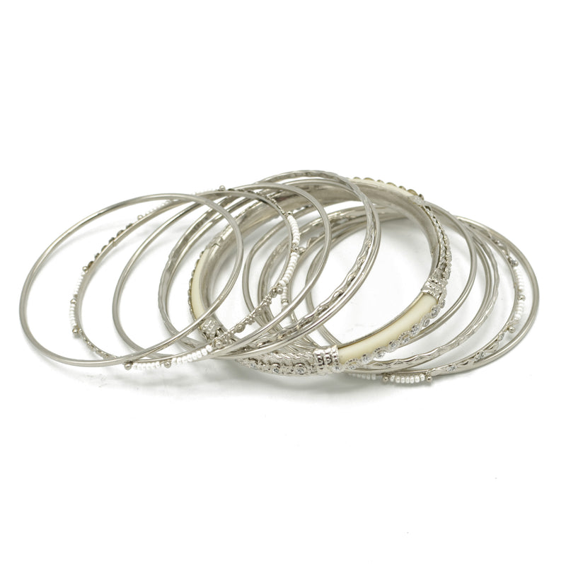 SILVER IVORY BONE WITH WHITE SEED BEADS SILVER BANGLES SET OF 11PCS