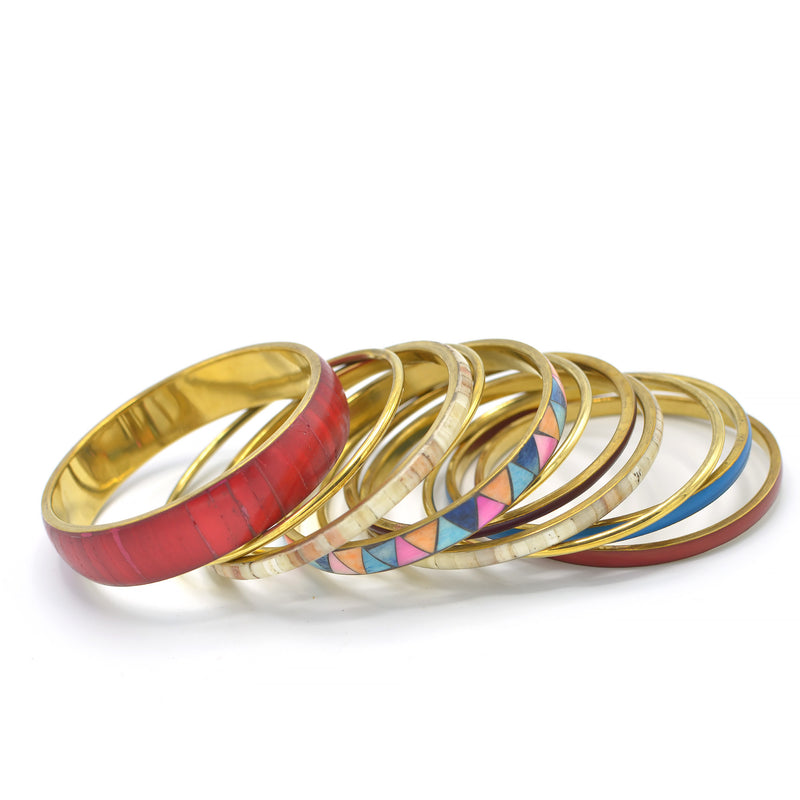 GOLD BRASS WOOD AND RESIN 11 PCS MULTICOLOR BANGLE SET