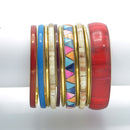 GOLD BRASS WOOD AND RESIN 11 PCS MULTICOLOR BANGLE SET