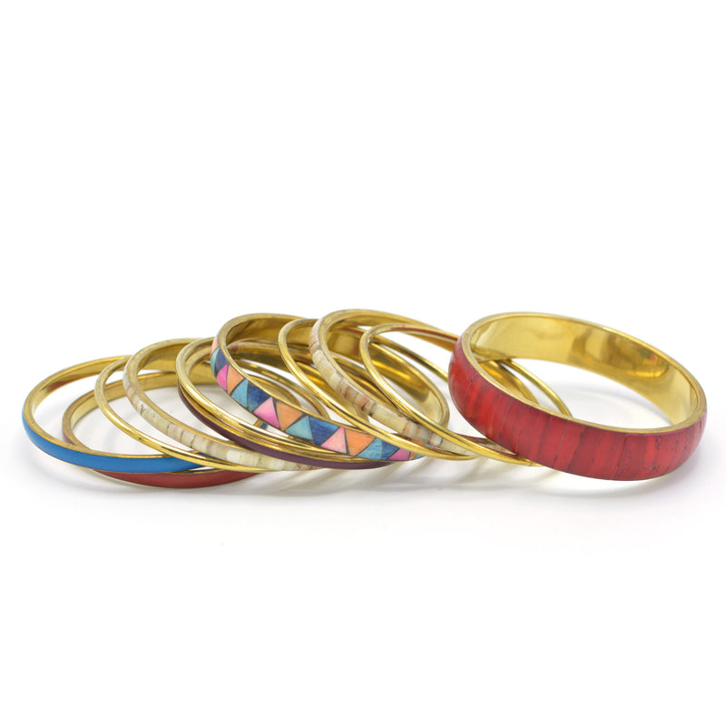 GOLD BRASS WOOD AND RESIN 11 PCS MULTICOLOR BANGLE SET