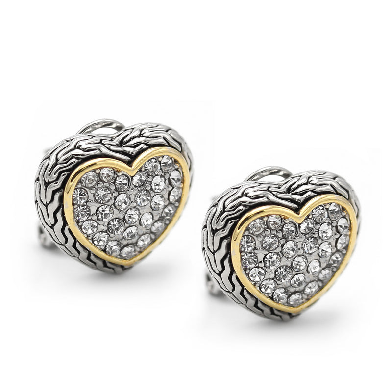 TWO TONE PAVE CRYSTAL ENGRAVED HEART EARRING