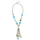 RHODIUM-BLUE MIX BEADS TASSEL NECKLACE