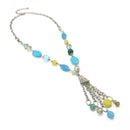 RHODIUM-BLUE MIX BEADS TASSEL NECKLACE