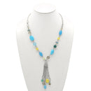 RHODIUM-BLUE MIX BEADS TASSEL NECKLACE