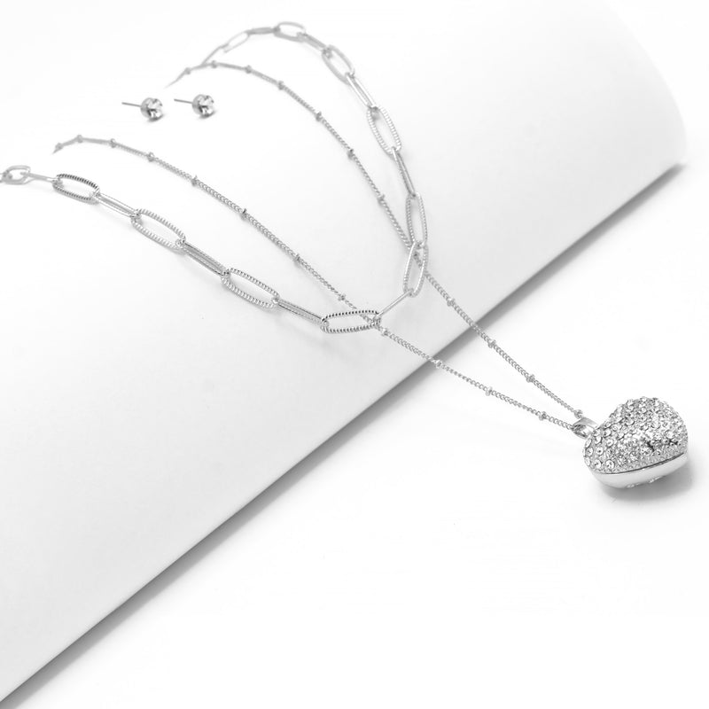 Rhodium Heart Crystal Pendant Necklace And Earrings Set
