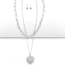 Rhodium Heart Crystal Pendant Necklace And Earrings Set