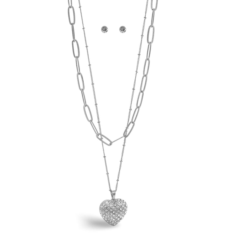 Rhodium Heart Crystal Pendant Necklace And Earrings Set