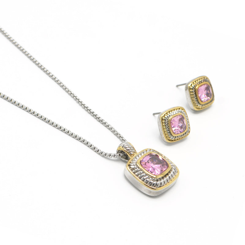Two-Tone Rose Crystal  Square Pendant Necklace And Earrings Set