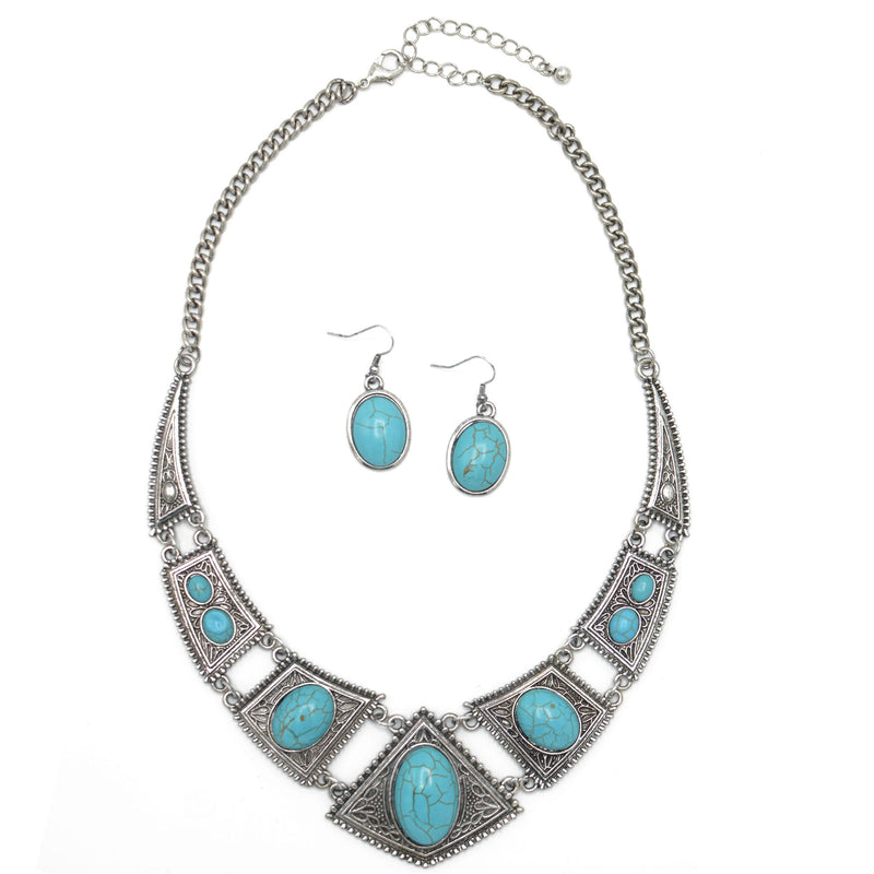OXIDIZE SILVER TURQUOISE EARRINGS AND NECKLACE SET