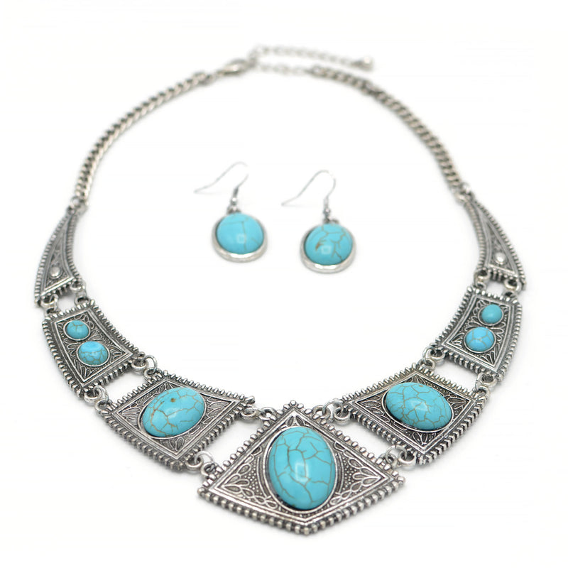 OXIDIZE SILVER TURQUOISE EARRINGS AND NECKLACE SET