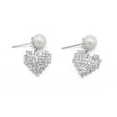 SILVER RHINESTONES HEART AND PEARL STUD EARRINGS