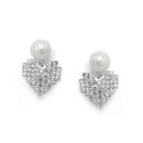 SILVER RHINESTONES HEART AND PEARL STUD EARRINGS