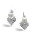 SILVER RHINESTONES HEART AND PEARL STUD EARRINGS