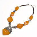 SILVER AMBER AND BROWN RESIN BEADS NECKLACE
