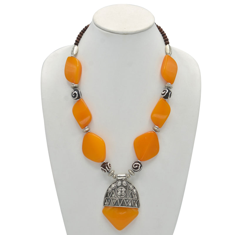 SILVER AMBER AND BROWN RESIN BEADS NECKLACE
