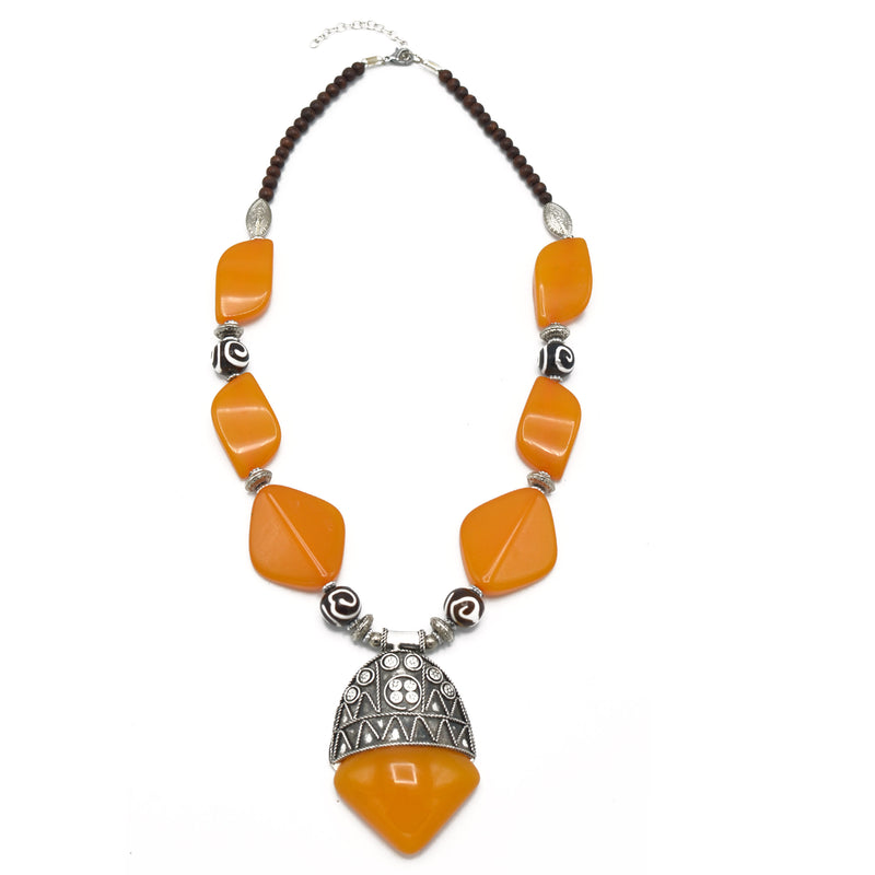 SILVER AMBER AND BROWN RESIN BEADS NECKLACE