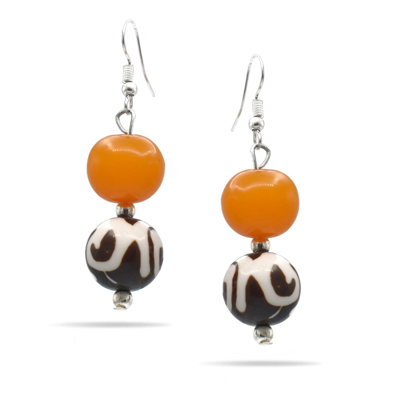 SILVER AMBER AND BROWN RESIN BEADS EARRINGS