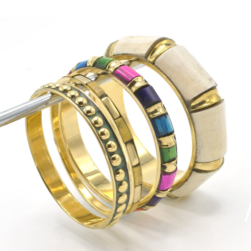 GOLD BRASS WOOD AND RESIN 4 PCS MULTICOLOR BANGLE SET